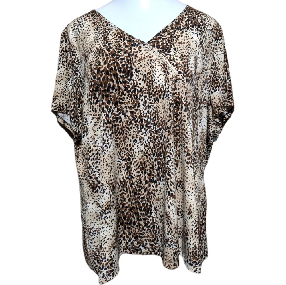 LAURA ASHLEY Tan Brown Leopard Cheetah Print Faux Wrap Career Top Plus 3X NEW
